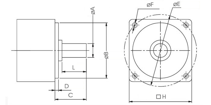 Motor mounting dimension diagram: side view showing shaft diameter A, flange diameter B, shaft total length C, pilot height D and shaft fit length L; face view showing bolt circle E, hole diameter F and flange square H.